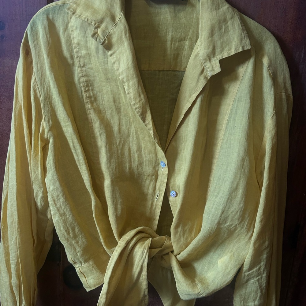 Zara Mustard Button Down Tie-Front Shirt